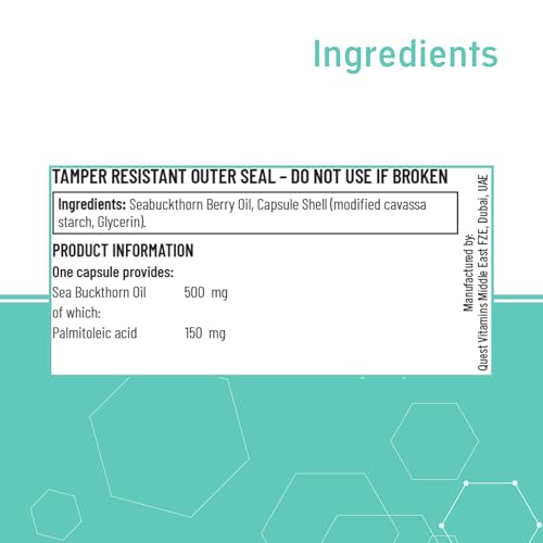 Quest Sea Buckthorn Oil Omega 3, 6 & 7, Berry Oil & Palmitoleic Acid Supplement. Supports Skin & Eye Health Plus Post Menopause Dryness. Vegan Omega Anti-Inflammatory Supplement Tablets (120 Capsules)