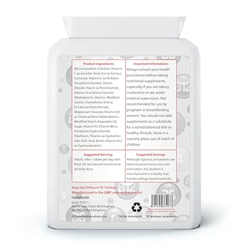 Multi-Vitamins Plus Iron - 180 Tablets - 6 Month Supply - Suitable for Vegetarians - Harla Health - Make in The UK - GMP Codes of Practice