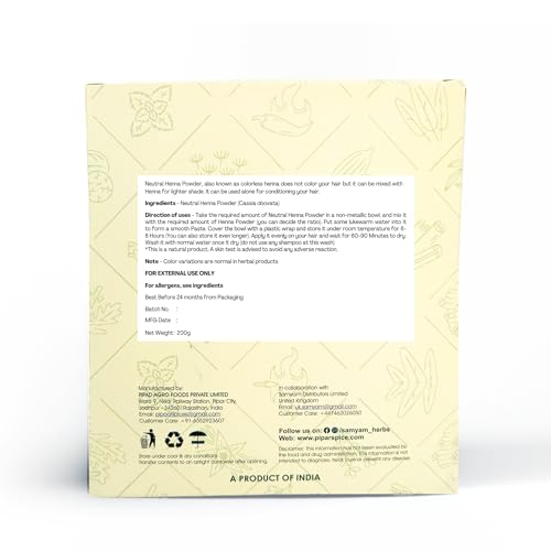 SAMYAM Neutral Henna Powder/COLORLESS Henna/Cassia Henna - 200g Pack | Natural Hair Conditioner, PPD and Chemical Free