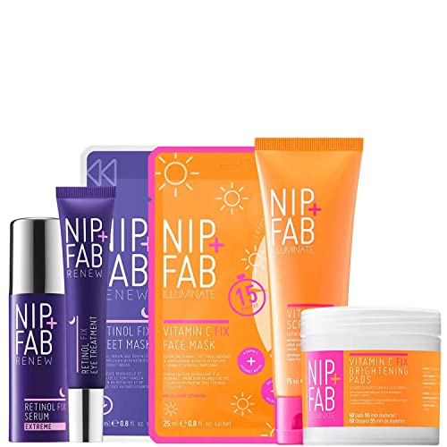 Nip + Fab Renew and Brighten Fix Regime Bundle | Smoother and Radiant Face Skin | Retinol Eye Cream, Sheet Mask, Serum | Vitamin C Concentrate, Scrub, Pads