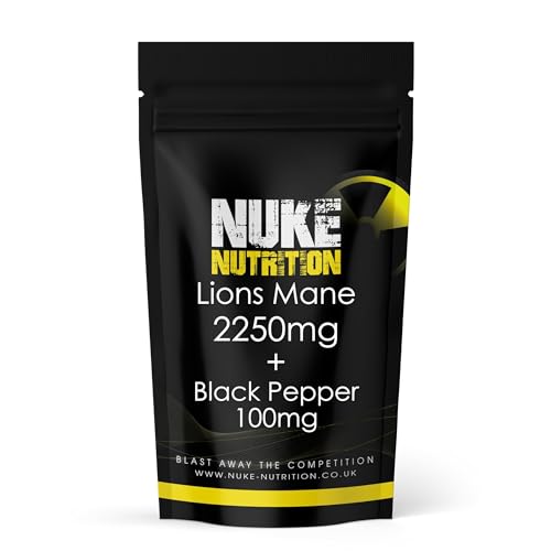 Nuke Nutrition Lions Mane & Black Pepper Capsules x60 - Pure Extract Lion's Mane - High Strength Lions Mane Supplement - Mushroom Complex - Lion's Mane Mushroom Brain Supplement