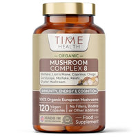 Time Health Mushroom Complex 8 | Organic | EU Grown | 616mg Capsules | Lions Mane, Cordyceps, Chaga, Shiitake, Reishi, Maitake, Coprinus & Oyster Betox93® | 40% Polysaccharides