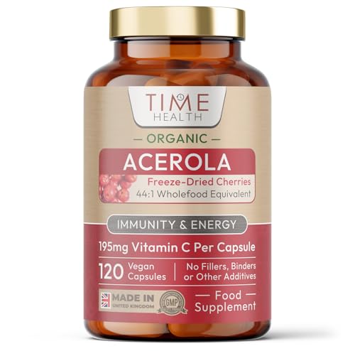 Time Health Organic Acerola Cherry - Freeze-Dried - 26% Vitamin C - 44:1 Extract Ratio - Natural & Wholefood - UK Made - Zero Additives (120 Capsules)