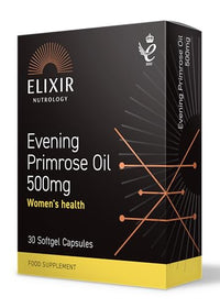 ELIXIR NUTROLOGY Evening Primrose Oil 500mg 30 Softgel Capsules – Supports Women’s Health, Rich in Gamma-Linolenic Acid (GLA), with Vitamin E for Skin Health & Antioxidant Protection.