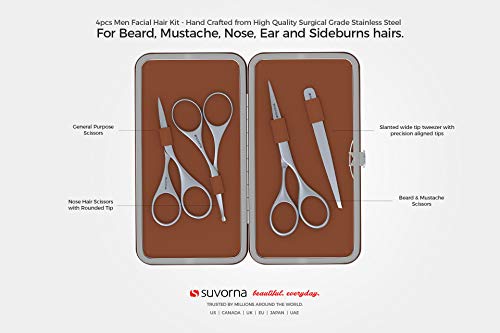 Suvorna Moustache and Beard kit with Beard Scissors, Moustache Shear, Nose Shears, Eyebrow Scissors and Tweezers for Facial Hair | Hair Dresser Scissor and Hair Cutting Scissor. (Brown)
