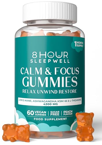 8 Hour Sleepwell 8 HOUR SLEEPWELL – 60 Sugar Free Calm & Focus Gummies – High Strength 4300mg - Peach Flavour - Lion’s Mane Mushroom, Ashwagandha KSM 66, L-Theanine for Stress Relief, Memory and Focus - Vegan