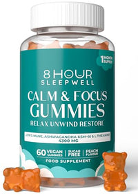 8 Hour Sleepwell 8 HOUR SLEEPWELL – 60 Sugar Free Calm & Focus Gummies – High Strength 4300mg - Peach Flavour - Lion’s Mane Mushroom, Ashwagandha KSM 66, L-Theanine for Stress Relief, Memory and Focus - Vegan