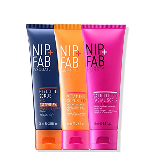 Nip + Fab Scrub Trio Bundle | Three lluminating Face Scrubs Set, AHA BHA Exfoliate | Helps to Cleanse the Skin, Radiant Complexion | VItamin C Scrub, Glycolic Acid Scrub, Salicylic Acid Scrub