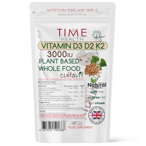 Vitamin D3, D2, K2, Natural Wholefood Plant Based 3000IU - Zero Additives - Pullulan (120 Capsule Pouch)