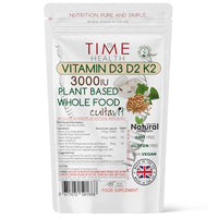 Vitamin D3, D2, K2, Natural Wholefood Plant Based 3000IU - Zero Additives - Pullulan (120 Capsule Pouch)