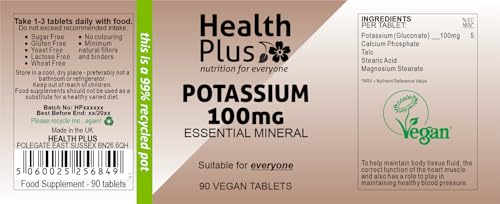Health Plus Potassium 100mg : Mineral Supplement - 90 Tablets, in a Planet-Friendly 99% Recycled Pot