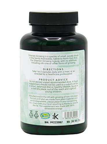 Siberian Ginseng Capsules | 400mg Ginseng per Capsule | 120 Vegan Capsules | G&G Vitamins