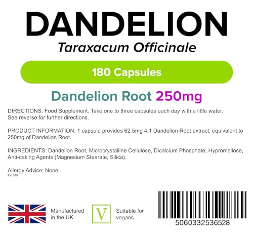 Lindens Dandelion 250mg - 180 Capsules (3 x 60 Packs) - Taraxacum Officinale - High Strength Root Extract - Traditional Herbal Supplement - Letterbox Friendly