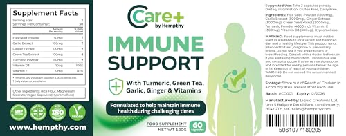 HEMPTHY THINK NATURALLY Immune Support Capsules: High Strength Turmeric, Green Tea, Garlic, Ginger & Vitamins D3, E - 60 Vegan Capsules (30 Day Supply) Made in The UK by Hempthy