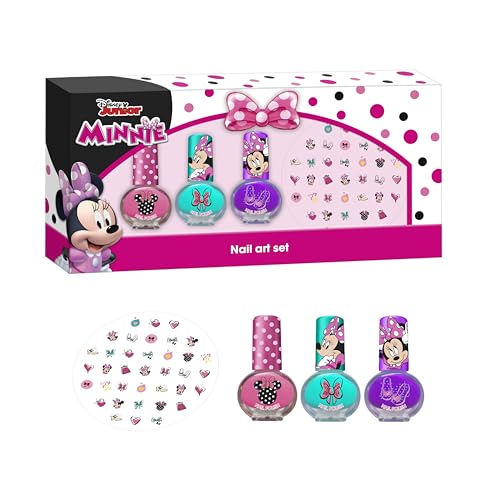 Minnie Mouse Nail Art Set for Girls - Complete Nail Decoration Kit with 3 Nail Polishes (Pink, Purple, Sky Blue), Nail Stickers, - Best Gift for Kids Aged 3+