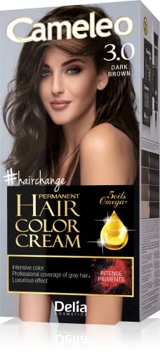 Delia Cosmetics Cameleo - Permanent Hair Colour Cream - Dark Brown - Intensive Color & Protection - 5 Oils + Omega Plus Acids - Professional, Luxurious Hair Dye - Full Kit