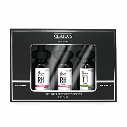 Clara's New York Nature's Best Kept Secrets Facial Serum Gift Set, Three Full Size Tea Tree and Rosehip Oil Face Serums, Moisturises and Repairs Skin Barrier 3 x 30ml