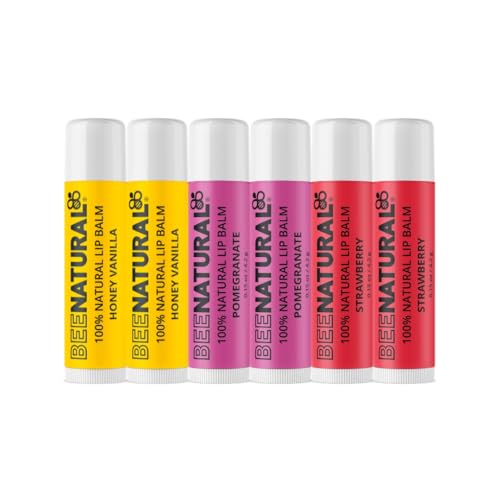 Bee Natural 100% Natural Moisturising Lip Balm - Multi Flavour (Honey Vanilla, Pomegranate, Strawberry) Pack of 6
