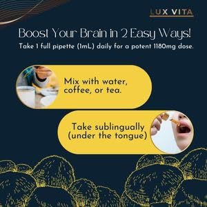 Lux Vita Organic Mushroom Lions Mane Supplement 1180mg Vegan and Non-GMO Extra Strength Liquid Drops for Brain Booster, Immune Support and Nerve Health