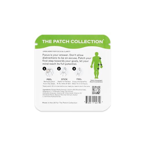 The Patch Collection® - Ultimate Focus & Clarity Patch for Improved Brain Function, Sharpness, Memory | Ginkgo Biloba, Green Tea, B-Vitamins, Magnesium | 8 Hour Focus | Vegan & Latex Free (Pack of 1)