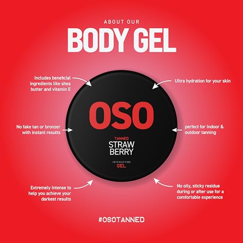 OSO Tanned Accelerator Tanning Gel - Strawberry Scent (100g), Shea Butter, Vitamin E, Ultra Hydration, Indoor & Outdoor Tanning, Extreme Intense For Darkest Results