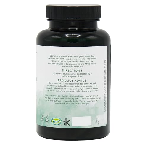 Organic Spirulina Powder Capsules 500mg - 120 Vegan Capsules - Organically Grown in the Mongolian Plateau - Non-GMO, Made in the UK - G&G Vitamins