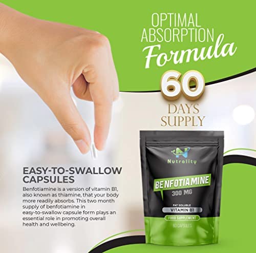 Nutrality Benfotiamine Supplement 300mg 60 Caps-Fat-Soluble Vitamin B1 for Heart, Kidney, Antioxidant Boost, Cognitive Enhancement, and Energy Increase -Vegans Friendly and Allergen-free