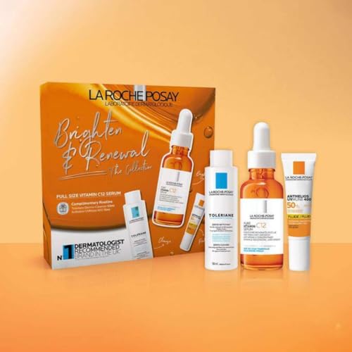 La Roche-Posay Brighten and Renewal Routine, Full-sized Vitamin C Brightening Serum, and Mini Toleriane Dermo-cleanser and Anthelios SPF50+, Kit Set