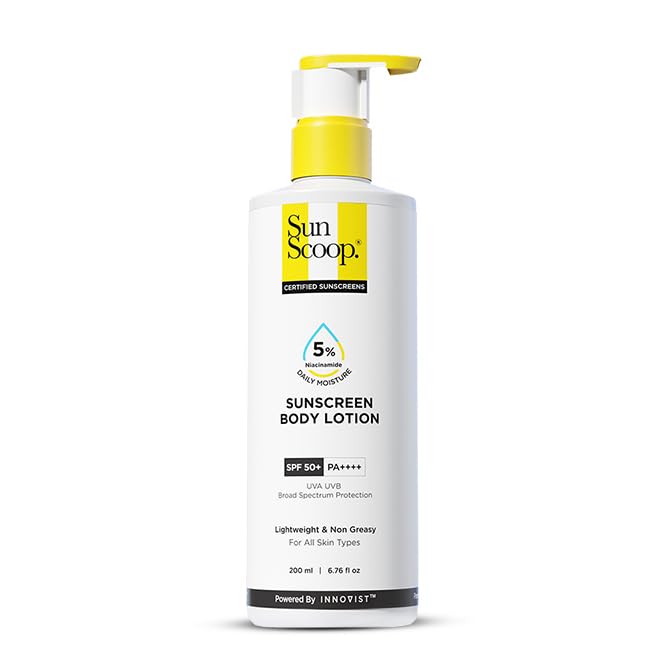 SunScoop 5% Niacinamide Body Sunscreen SPF 50+ PA++++ | Ceramides & Oat Extract | Broad Spectrum UVA UVB | No White Cast | 24hr Moisture | Non-Greasy Body Lotion | All Skin Types | 200ml