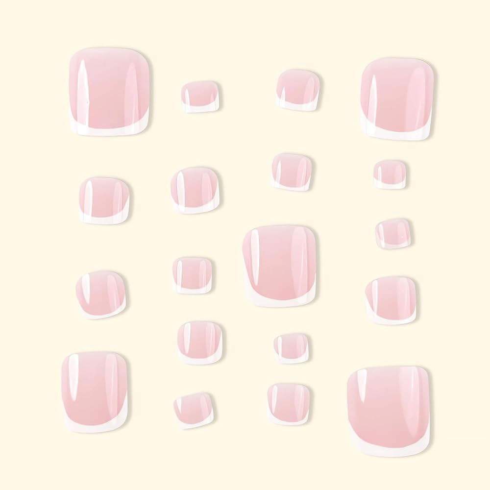 Mornery 24Pcs French Tip False Toenails - Short Square Nude Pink Fake Toe Nail/White French Tip Press on Toenails - Acrylic Full Cover Fake Toenails Nail Art Set for Women Girls (Pink & White Toenails)