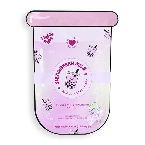 Revolution Beauty London I Heart Revolution Bubble Tea Strawberry Milk Bubble Sheet Mask, Calms & Hydrates Skin With Matcha & Green Tea Extract, Vegan & Cruelty-Free, Strawberry Pink