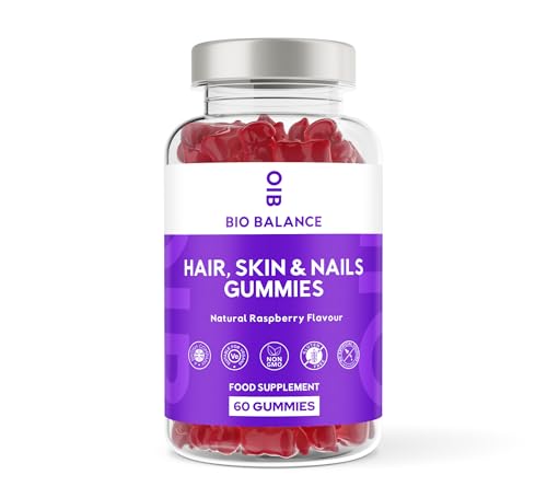 Bio Balance Hair, Skin & Nails Gummies - 60 Raspberry Flavour Gummies - Advanced Hair Skin & Nails Supplement for Men & Women - 13 Essential Nutrients Inlcuding Biotin