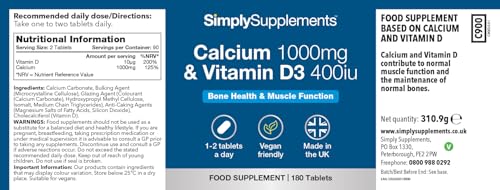 Calcium 1000mg & Vitamin D3 400iu | Supports Bone & Teeth Health | Contributes to Normal Muscle Function | Vegan & Vegetarian Friendly | 180 Tablets = 3 Months’ Supply | GMP-Certified & UK-Made