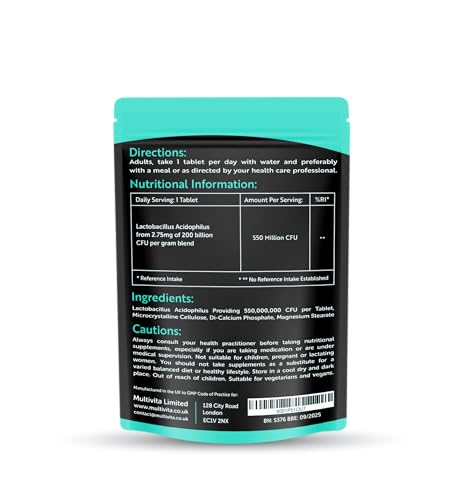 Acidophilus Lactobacillus Probiotic - 120 x 550 Million CFU Tablets - Supports Healthy Gut Microbiome & Digestion System - Reduce Bloating - Probiotic Supplements for Men & Women - Vegan and GMO Free