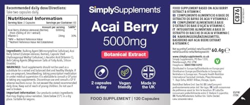 Simply Supplements Acai Berry 2,500mg Capsules | with Vitamin C | Supports Immune System & Collagen Formation | Freeze-Dried Extract | Vegan Friendly | 120 Capsules = 2-Month Supply | UK Made