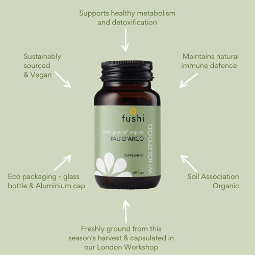 Fushi Organic Pau d’Arco (Handroanthus impetiginosus) Capsules, 60 Caps | Fresh-Ground Whole Food | Rich in Selenium, Iron, Calcium, Sodium & Vitamins | Vegan & Ethical | Made in the UK