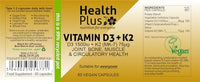 Health Plus Vitamin D3 1500iu (38µg) + K2 (MK-7) 75µg : Vitamin D & K2 Supplement : 60 Vegan Capsules, in a Planet-Friendly 99% Recycled Pot