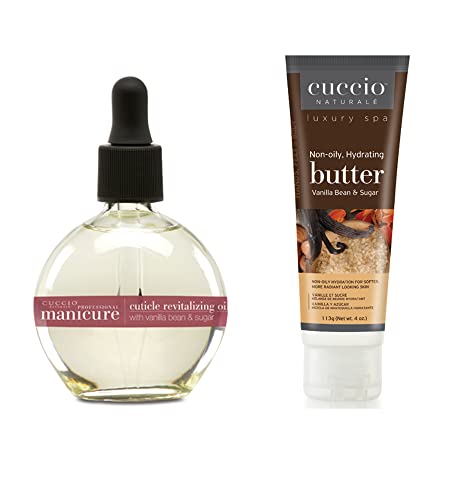 Cuccio Vanilla Bean & Sugar Hydration Essentials kit, 68ml Cuticle Oil, and 4oz Butter, for Nail Care, Nail Strengthening, Nail Repair, Nail Growth, with Jojoba Oil, Almond Oil, and Vitamin E