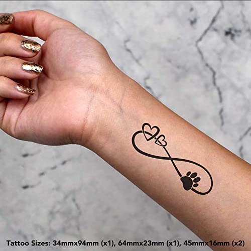 Azeeda 4 x 'Infinity Hearts & Paw' Temporary Tattoos - Water Resistant, Skin-Safe, Non-Toxic Transfers, Mixed Sizes (TO00046461)