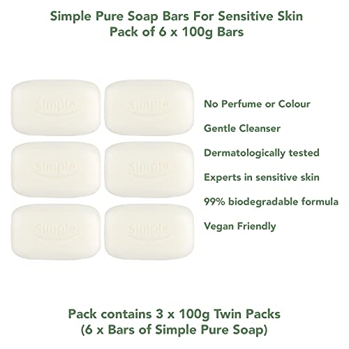 PBW INTERNATIONAL Simple Pure Soap Bars For Sensitive Skin Pack of 6 (6 x 100g) - 3 x Twin Packs