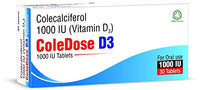 Vitamin D 1000 IU –Equivalent to 25 mcg - ColeDose D3, Premium Vitamin - Easy Swallow 30 Tablets- One a Day