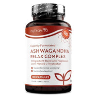 Ashwagandha Relax Complex - Enhanced with Magnesium, Lion's Mane & L-Tryptophan - 120 Capsules - Nutravita