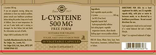 Solgar L-Cysteine 500 mg Vegetable Capsules - Pack of 30 - Metabolism Support - Amino Acid Supplement for Skin, Hair and Nails - Vegan, Gluten Free and Kosher
