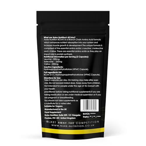 Nuke Nutrition BCAA Capsules | 60 Capsules 1000mg | Advanced Essential Amino Acids Supplement to Build Lean Muscle | Boost Recovery, Muscle Building & Growth | Leucine, Isoleucine & Valine | Vegan