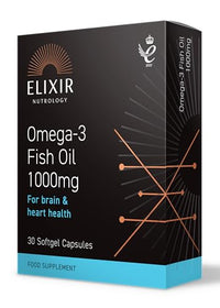 ELIXIR NUTROLOGY Omega-3 Fish Oil 1000mg 30 Softgel Capsules – Supports Heart & Brain Health, Rich in EPA & DHA, with Vitamin E for Cellular Health Protection.