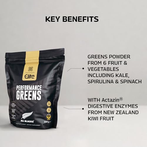Healthspan Elite All Blacks Performance Greens (300g) | Super Green Extracts | Unflavoured | Add to Shakes or Meals | Includes Spirulina, Kale, Spinach, Broccoli & Pomegranate | Added Actazin | Vegan
