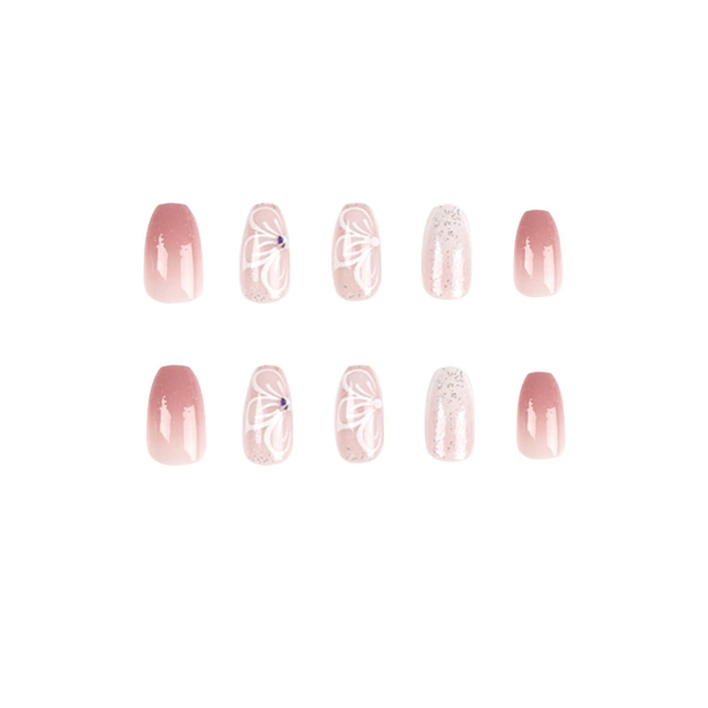 TMUT 24pcs Short Coffin False Nails Pink White Ombre Press on Nails Glitter Pink Stick on Nail with Flower Design Removable Glue-on Acrylic Full Cover Fake Nail Tips Women Spring Summer Accessories