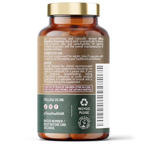 Time Health Ultra Digestive Enzymes Complex – Natural & Comprehensive 18 Enzyme Formula – for Bloating Relief, Regular Movements and Overall Digestion – 120 Capsules – UK Made – Zero Additives
