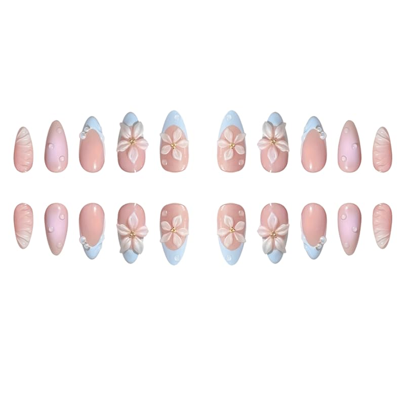 Nymora 24PCS Blue White Press On Nails, 3D Flower & Pearl Design for Summer, Medium False Nails Blue White French Lace