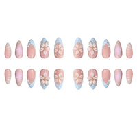 Nymora 24PCS Blue White Press On Nails, 3D Flower & Pearl Design for Summer, Medium False Nails Blue White French Lace
